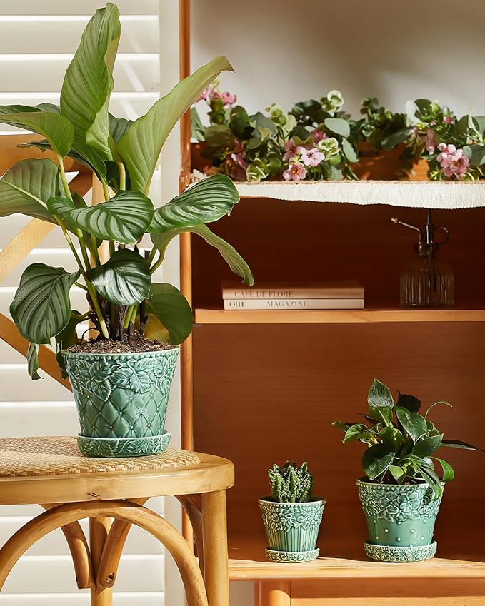 Succulent Ceramic Pots, 3.8 Inch Small Plant Pots with Drainage Hole & Saucer, Flower Planter Pot for Indoor Plants Cacti, Home Decor, Set of 4, Green