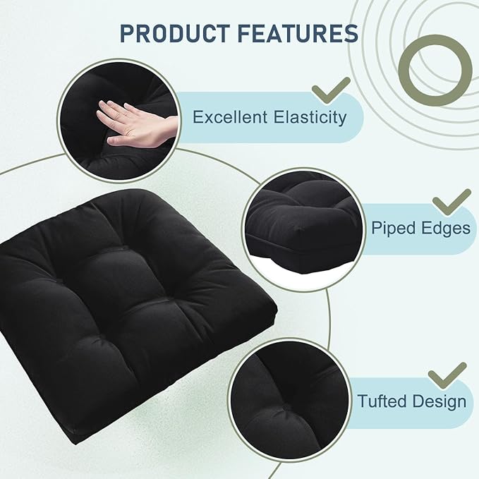 downluxe Outdoor Chair Cushions Set of 4 for Patio Furniture, Waterproof Tufted Overstuffed Patio Furniture Cushions, Thick Outdoor Seat Cushion, 19" X 19" X 5", Black