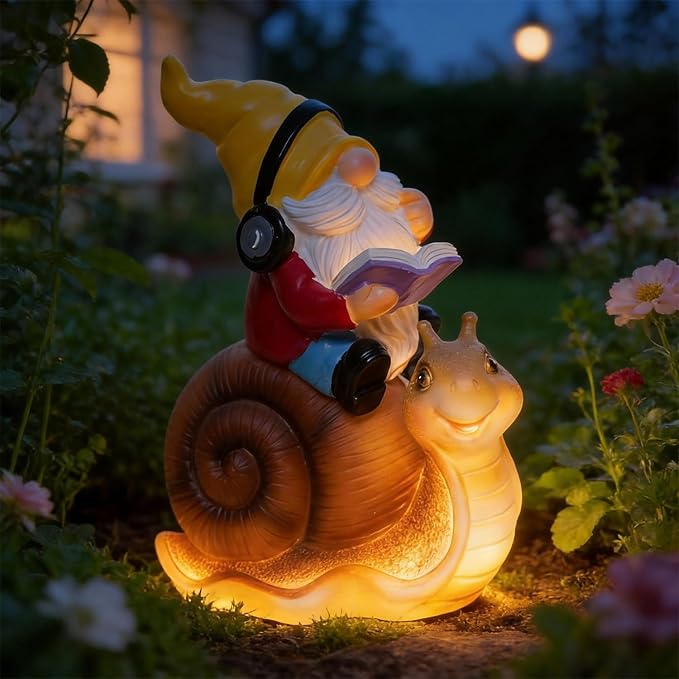 Ferrisland Garden Gnomes Snail Outdoor Figurines with Solar Lights, 10.4 inches Resin Solar Gnomes Decoration Yard Outdoor Garden, Patio Yard Lawn Birthday Housewarming Mother's Day（Gnome on Snail）