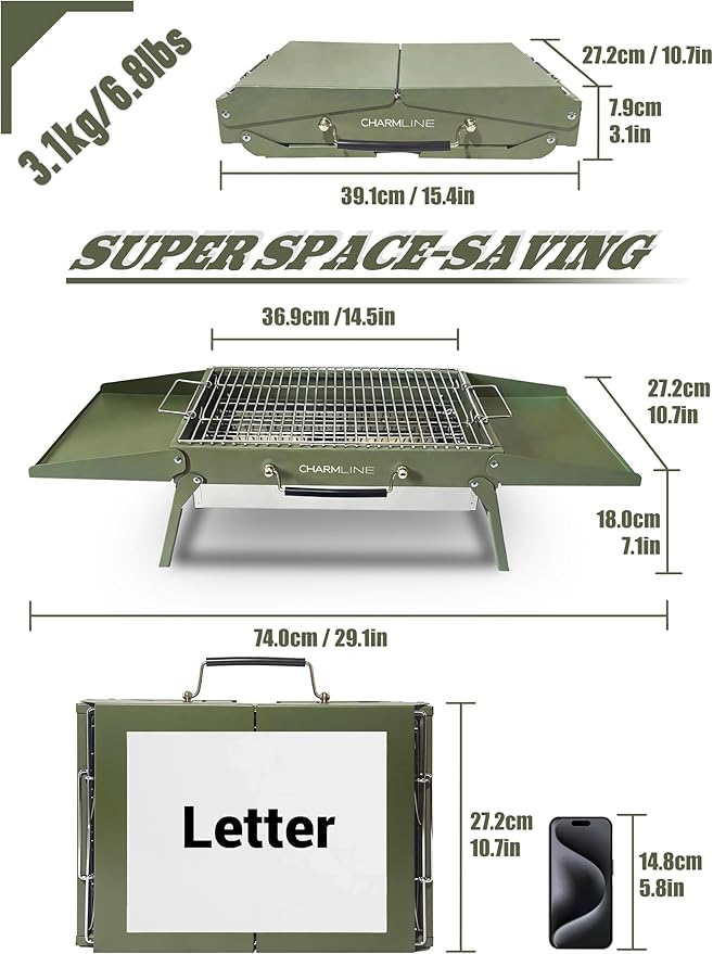 Charmline 15x11 inches Portable Charcoal Grill, Compact Portable BBQ Grill, Tabletop Charcoal Grills for Camping, Picnics, Gardens and Beach Parties, Green