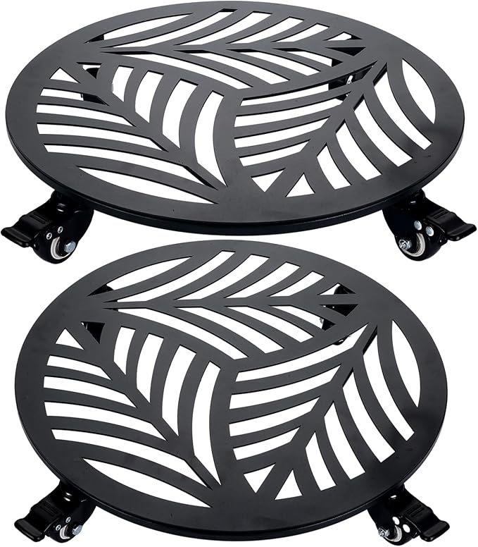 Planterhoma 2 Packs 16 Inch Extra-Large Metal Plant Caddy with Wheels - Heavy-Duty Iron Rolling Plant Stand - 360 Locking Wheels - Indoor/Outdoor - Black
