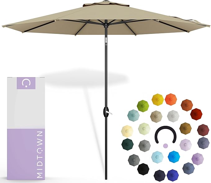 Midtown Umbrellas - 10-Year-No-Fade 6 Ft Patio Umbrella with Terylast Fabric, Auto-Tilt Aluminum Frame and 8 Reinforced Ribs for Deck, Pool, Garden & Beach - Chestnut Beige Canopy, Black Pole