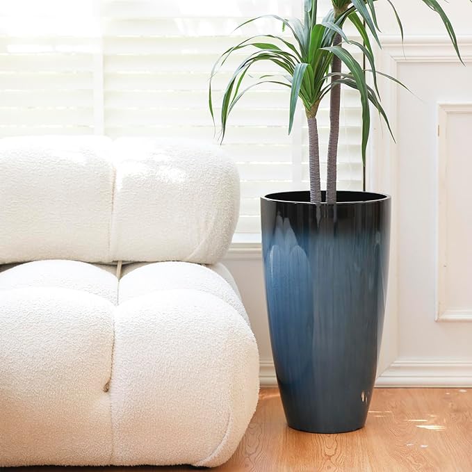 Plant Pots Large Plastic Planters 2Pack Glossy Blue Outdoor Tall Planter Plant Containers for Garden,Patio,Porch,Front Door,Backyard,Corner Decor Planters For Plants With Drainage Hole & Insert Shelf