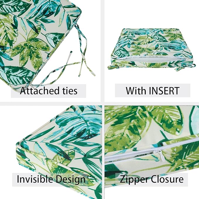 Outdoor Chair Cushions 18x18 Inch,Set of 2,Water Resistant Chair Pads with Ties,Square Seat Cushion 18"x18"x2.5",Patio Chair Cushion for Garden,Backyard Furniture(Palm Leaf)