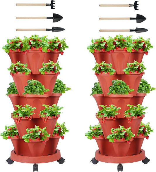 GameXcel Vertical Planter 5 Tier Stackable Planters Garden Planters Strawberry Herb Flower and Vegetable Planter Indoor Outdoor Gardening Pots with Removable Wheels and Tools 2-Pack