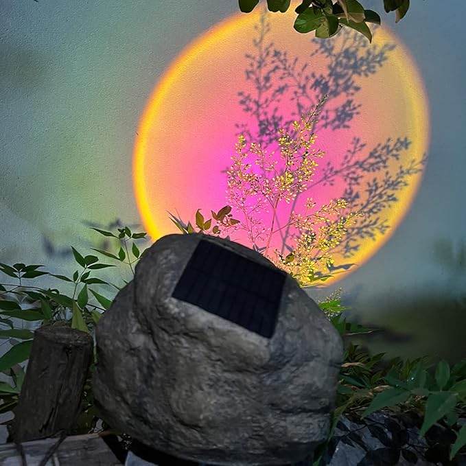 GOODFOEVER Solar Rock Lights(2pcs) Sunset Projection Lights Atmosphere Night Light Solar Powered Garden Lights Outdoor Decorative Waterproof LED Spotlight for Pathway, Walkway, Yard, Patio