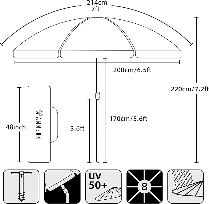 AMMSUN 7ft Heavy Duty High Wind Beach Umbrella with Sand Anchor & Tilt Sun Shelter, UPF50+ Protection Outdoor Sunshade Umbrellas and Parasols Carry Bag for Patio Garden Beach Pool Backyard