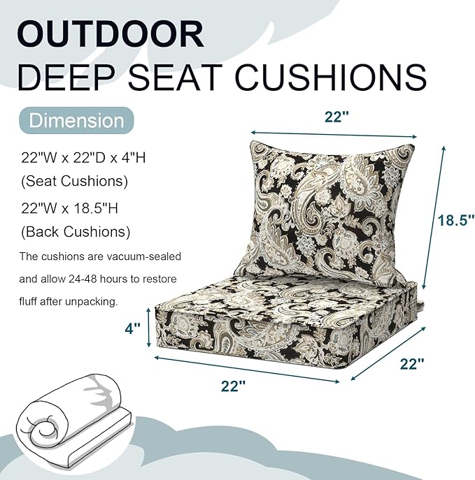 Outdoor Deep Seat Cushion Set, Water Repellent 22"x22" Patio Thick Cushions Replacement with Seat & Back Pillow for Patio Sofa, Wicker Chair, Couch - Paisley Black
