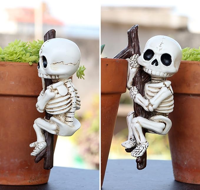 OwMell Garden Decor Statue Flower Pot Hugger, Outdoor Figurine Planter Hugger for Flowerpot, Patio, Balcony, Porch, Yard, Lawn Ornament Outdoor Decor Gifts Plant Decoration - Skeleton
