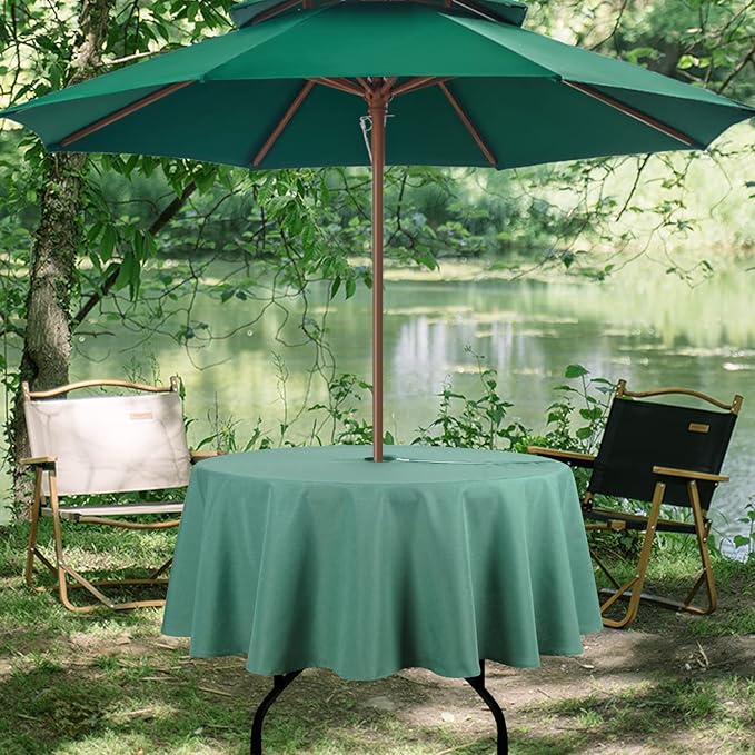 Outdoor Tablecloth Wrinkle-Free Stain Resistant Waterproof Polyester Fabric Table Cover with Zipper Umbrella Hole for Picnic/Party/Dinner/Patio Garden(60inch Round,Zippered,Green)