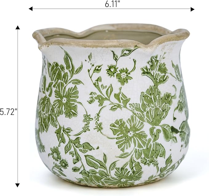 Rustic Ceramic Planter, 6 Inch Tuscan Vintage Flower Pot with Drainage, Farmhouse Garden Pot for Indoor Plants, Kitchen & Garden Tuscan Decor, Plant Lover Gift (Green)