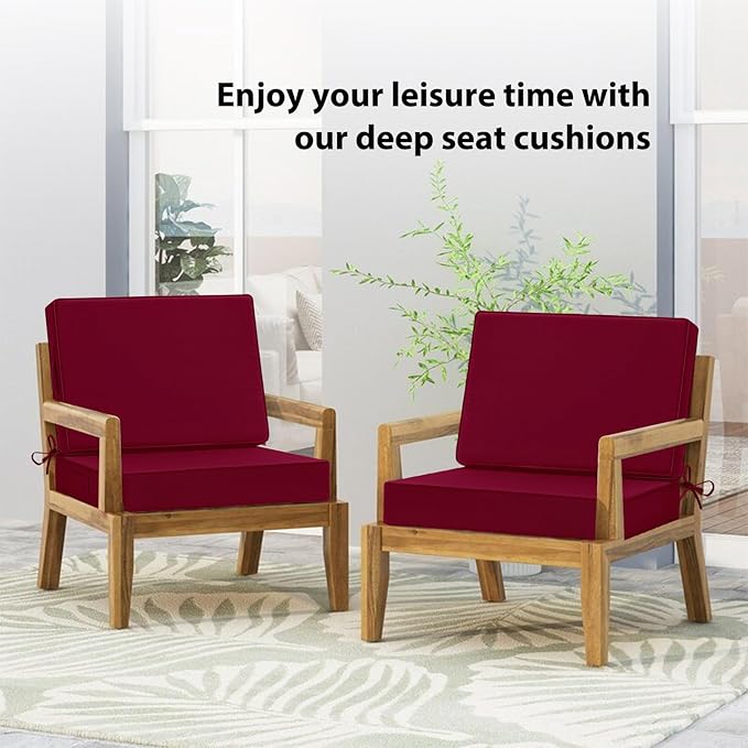 Waterproof Outdoor Chair Cushions 22x22, Memory Foam Outdoor Cushions for Patio Furniture with Removable Cover, Deep Seat Cushions for Outdoor Furniture with Ties and Handle, Burgundy
