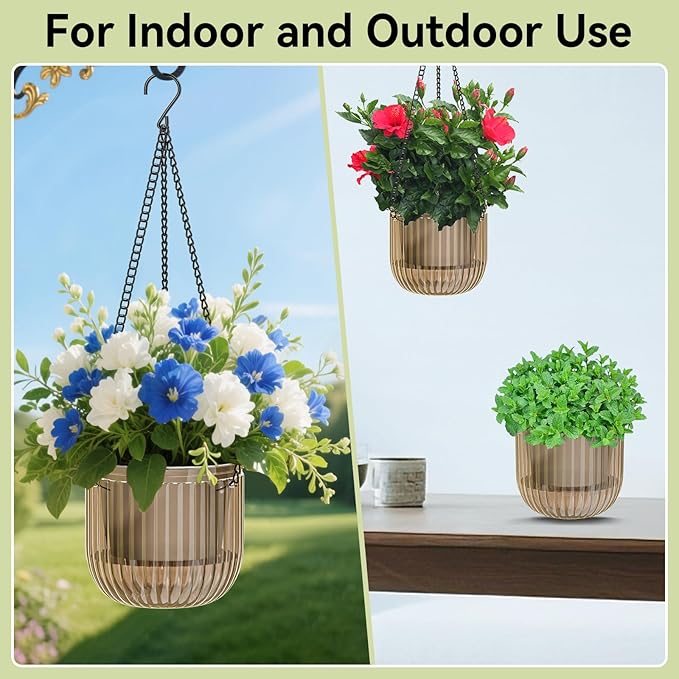 ZeeDix 3 Pack Self Watering Hanging Planters, 6.5 Inch Indoor Plant Pots with 3 Hooks Visible Water Level and Drainage for Home, Wall, Window Decor Outdoor Use(Starry Gray)