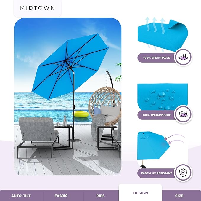 Midtown Umbrellas - 10-Year-No-Fade 9 Ft Patio Umbrella with Terylast Fabric, Auto-Tilt Aluminum Frame and 8 Reinforced Ribs for Deck, Pool, Garden & Beach - Cobalt Blue Canopy, Black Pole