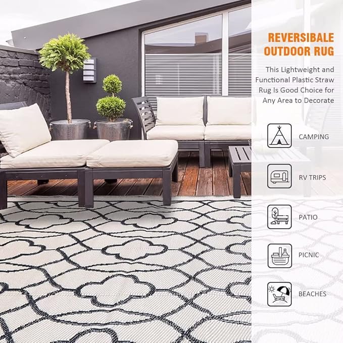 Pendolr Reversible Mats - Outdoor Rugs 9'x12' for Patios Clearance, Plastic Straw Rugs Waterproof, Portable, Outdoor RV Camping Rug, Garden, Balcony, Picnic, Beach, Camping(Black & Beige)