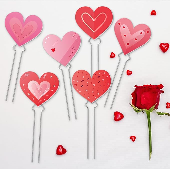 6 Pcs Valentine's Day Heart Planter Stake Hollow Heart Garden Metal Stake Sign Corrugated Plastic Valentine's Day Outdoor Decor for Indoor Outdoor Patio Plant Pot, Flower Bed(Classic Style)