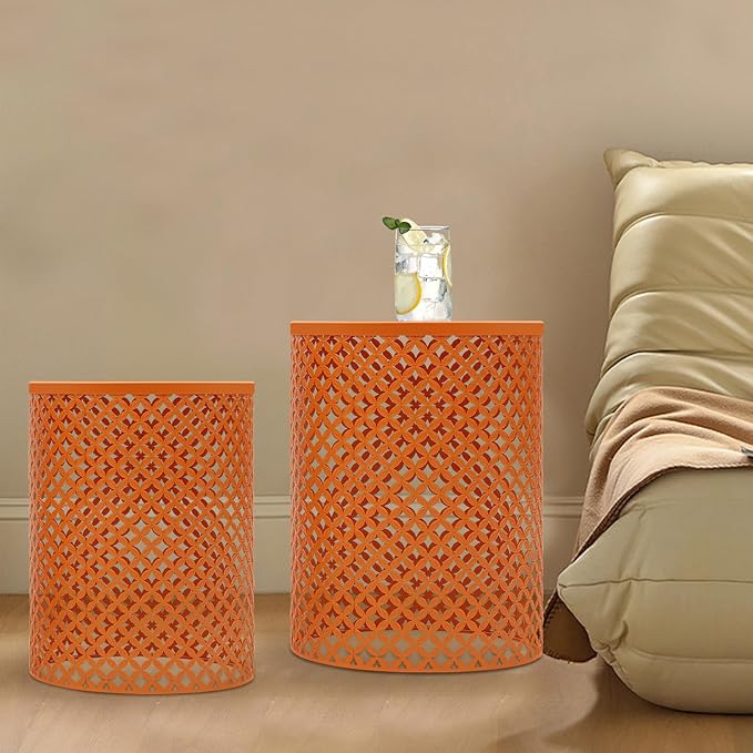 2PCS Outdoor Side Table, Heavy Duty Metal Frame Side Table Decorative Garden Stool Modern End Table Round Coffee Table for Patio Gardens Balconies Cafes (Orange)