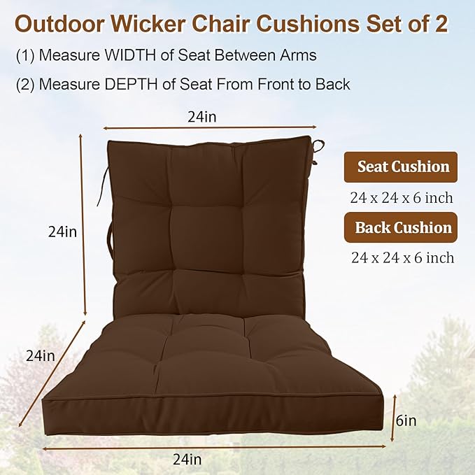 2 Piece Outdoor Patio Chair Cushions, Fade Resistant Outdoor Cushions for Patio Furniture, 6 inch Thickened Rocking Chair Cushions Set (Coffee Brown, 24x24x6 inch - 2 Pieces)