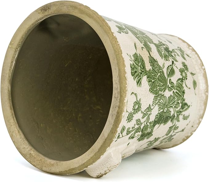 Vintage Ceramic Flower Pot with Drainage Holes and Handle,Ice Crack Country Rustic Planters for Indoor Outdoor,Tuscan Decor,Home and Garden Decor,Gardening Present (Green)