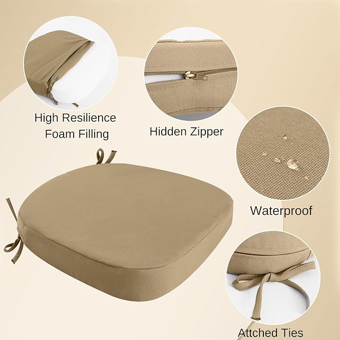 idee-home Outdoor Chair Cushions Set of 4, 17" x 17" x 2" Thick D-Shaped Patio Furniture Outdoor Seat Cushions Waterproof with Ties, Dining Pads