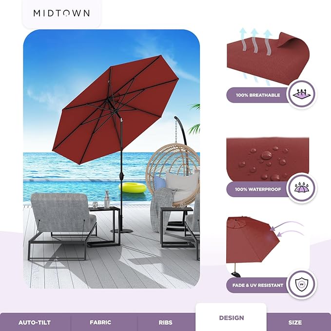 Midtown Umbrellas - 10-Year-No-Fade 9 Ft Patio Umbrella with Terylast Fabric, Auto-Tilt Aluminum Frame and 8 Reinforced Ribs for Deck, Pool, Garden & Beach - Cherry Burgundy Canopy, Black Pole