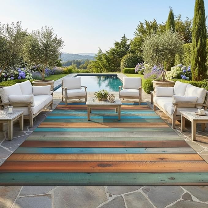 Teal Blue Brown Vintage Striped Old Wooden Plank Outdoor Rug 3x8 Wooden Board Waterproof Outdoor Area Rug for Garden Balcony Backyard Camping Porch Deck Carpet No Slip Washable Floor Mat Multicolor