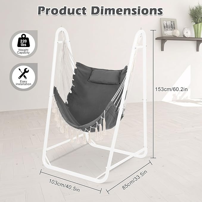 Hammock Chair with U Shape Stand, Cotton Swing Chair with Side Pocket, Heavy-Duty Metal Frame with Hanging Seat, Multi-Functional Swing Stand for Indoor and Outdoor Patio Yard Garden (WhiteGray)