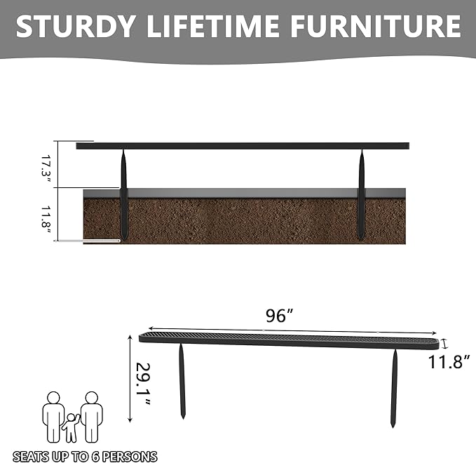 8 FT Heavy Duty Metal Park Bench for Outside, Outdoor Backless Bench with Thermoplastic Coating, Commercial Benches for Shopping Mall, Store, Park, Deck, Inground Mounted, Black