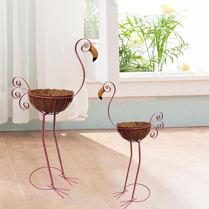 Pink Flamingo Planters,Metal Flamingo Plant Pots Decorations with Fiber Basket,Outdoor Indoor Standing Bird Planters Lawn Garden Décor Art for Lawn,Yard,Patio,Balcony Ornament（Set of 2）
