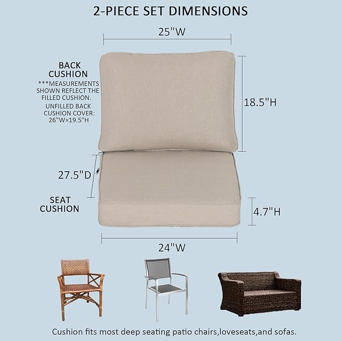 24x27.5 Inch Outdoor Deep Seat Cushions Set of 2,Thick High-Density Foam, Water-Resistant, Piped Edges & YKK Hidden Zipper for Patio Furniture,Putty
