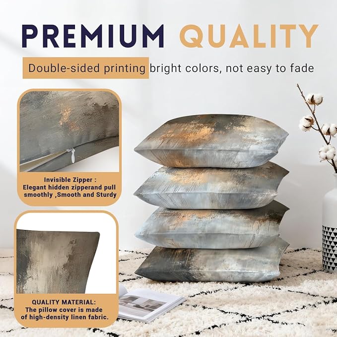 Abstract Pillow Covers 18x18 inch Set of 4, Grey Gold Metallic Modern Throw Pillow Covers Cushion Case for Home Farmhouse Couch Sofa Bed Indoor Outdoor Decor