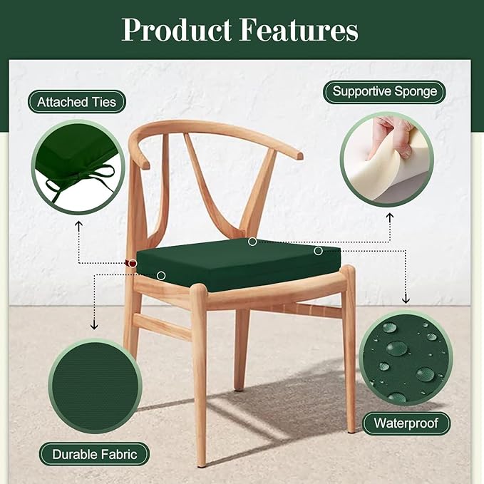 Cozyide Outdoor Chair Cushions, Waterproof Patio Seat Cushions with Adjustable Straps, Square Corner Patio Chair Cushions for Garden, Dark Green, 18.5x16x3 Inch (Pack of 4)