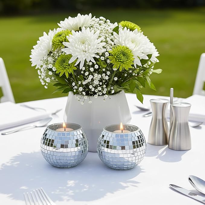 12 PCS Disco Ball Candle Holder, Silver Disco Ball Vase 2x2.6Inch Multifunctional Pencil Cup Discos Flower Vase Discos Balls Centerpieces for Wedding Centerpieces,Birthday,Office,Bedroom Decor