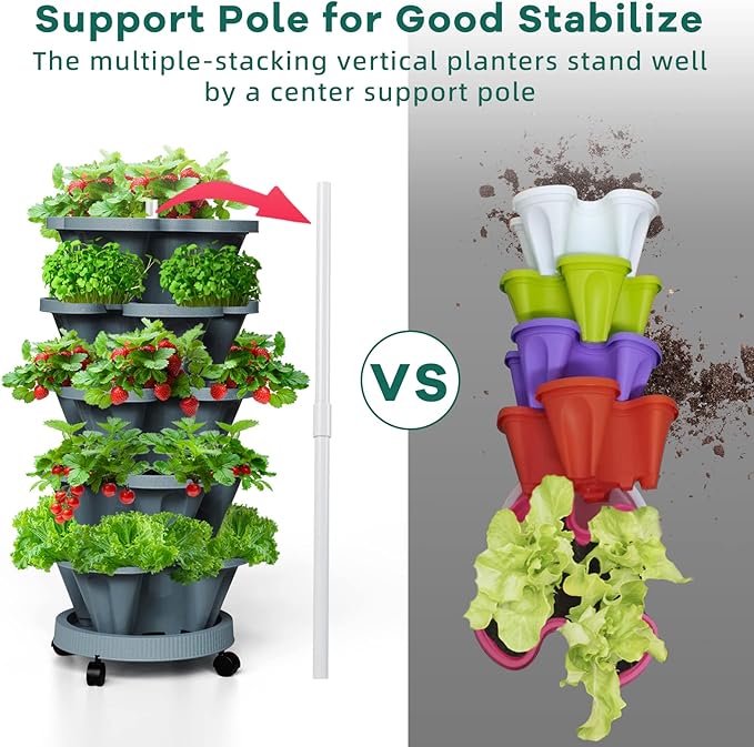 Strawberry Vertical Planters, 5 Tiered Stacking Tower Garden, Stackable Herb Vegetable Planters with Movable Casters and Bottom Saucer Indoor and Outdoor - Dark Grey