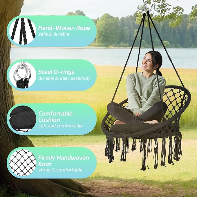 RQR Hammock Chair Macrame with Cushion, 500 LBS Heavy Duty Swing Chair, 31.5" Wide Seat, Steel O-Rings for Indoor Outdoor Bedroom and Balcony Garden (Black)