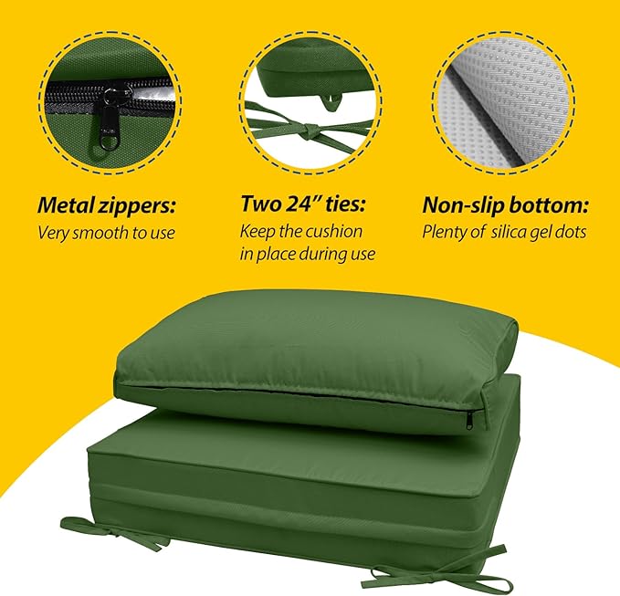 AAAAAcessories Outdoor Seat Cushions for Chairs, Fade-Resistant, Waterproof Patio Furniture Replacement Cushions, 23" x 23" x 5" + 23" x 13.5", Dark Moss Green
