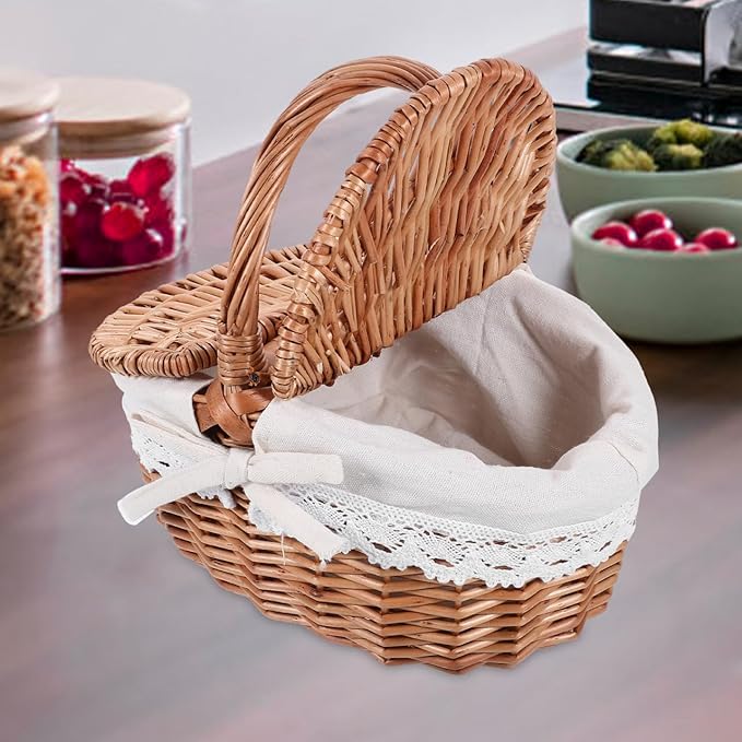 Large Wicker Picnic Basket with Lid and Handle, Sturdy Woven Picnic Basket with Liner, Fruit Bread Storage for Outdoor Camping, Easter Party, Garden Picking