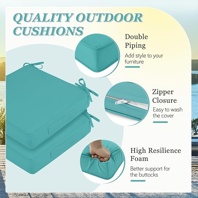 Waterproof Outdoor Chair Cushions Set of 2, Square Outdoor Seat Cushions with Ties and Removable Covers, 24 x 24 Outdoor Cushions for Patio Furniture with Portable Handle(Teal)
