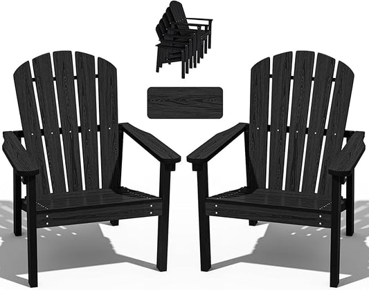 nevilywood Compact Stackable Adirondack Chairs Set of 2, 26.3" Wide HDPE Outdoor Patio Chairs - Durable, Space-Saving Design for Porch, Lawn or Garden, Black