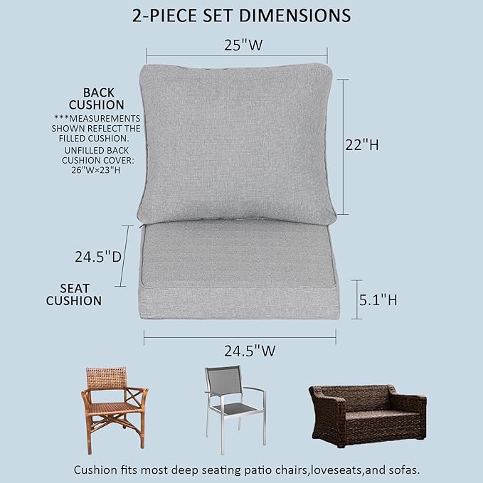 24.5x24.5 Inch Outdoor Deep Seat Cushions Set of 2,Thick High-Density Foam, Water-Resistant, Corner Ties & YKK Hidden Zipper for Patio Furniture,Stone Gray