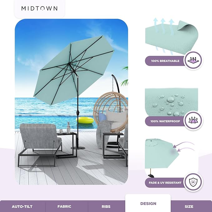 Midtown Umbrellas - 10-Year-No-Fade 8 Ft Patio Umbrella with Terylast Fabric, Auto-Tilt Aluminum Frame and 8 Reinforced Ribs for Deck, Pool, Garden & Beach - Aqua Canopy, Black Pole