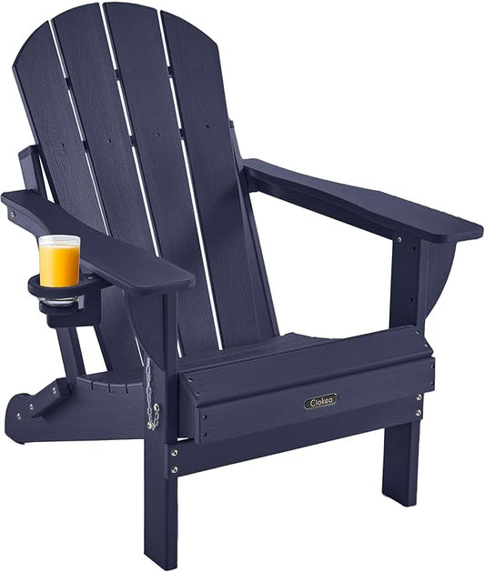 Ciokea Folding Adirondack Chair Wood Texture, Patio Adirondack Chair Weather Resistant, Plastic Fire Pit Chair with Cup Holder, Lawn Chair for Outdoor Porch Garden Backyard Deck, Dary Navy Blue