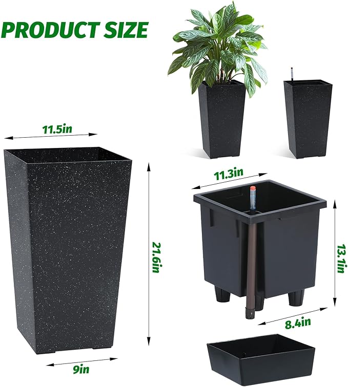 22.5'' Tall Planters for Outdoor & Indoor, Self Watering Plant Pots Set of 2 with Water Level Monitor & Drainage, Automatic Watering for Patio Garden, White