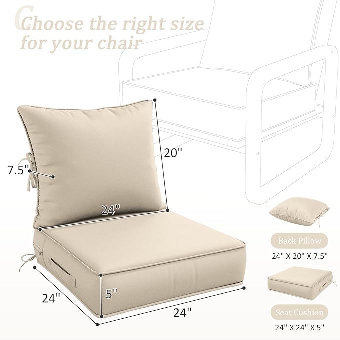 Outdoor Patio Chair Cushions Set 24 L X 24 W X 5 H Waterproof & Fade Resistant Deep Seat and Back Cushions with Removable Covers Outdoor Seat Cushion Set for Chairs and Sofas