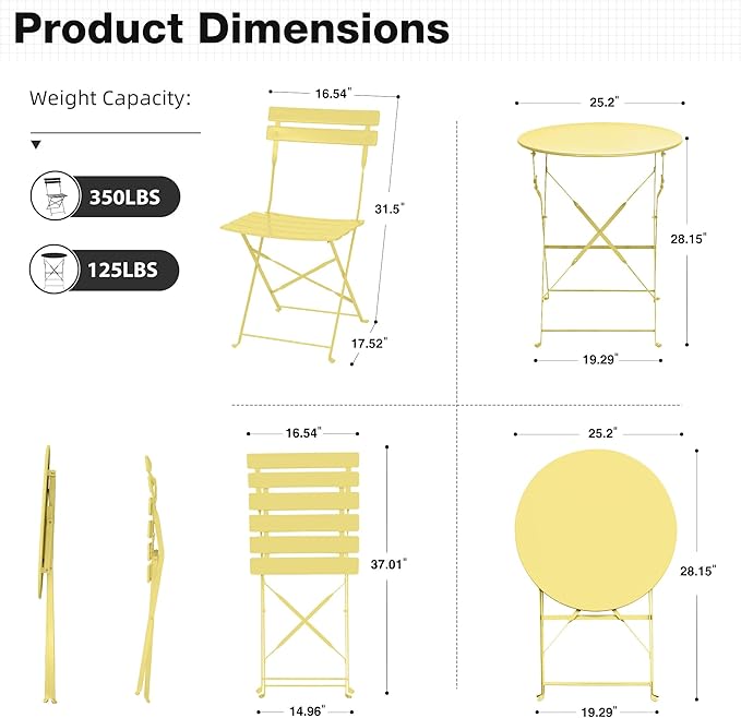 3 Piece Bistro Set, Folding Patio Furniture Set, Outdoor Table and Chairs Set for Patio, Garden, Balcony and Poolside, Yellow