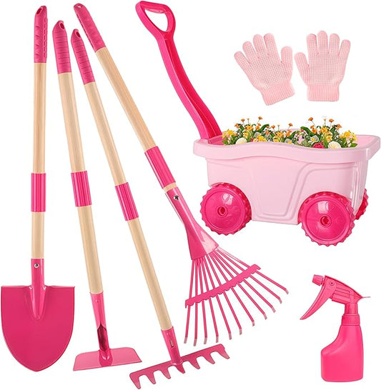 Duckura Kids Gardening Tools Set - 7pcs Wheelbarrow Set for Kids with Shovel, Rake, Leaf Rake, Summer Outdoor Yard Digging Weed Toys, Easter Birthday Gifts for Boys Girls Age 2 3+ Years Old(Pink)