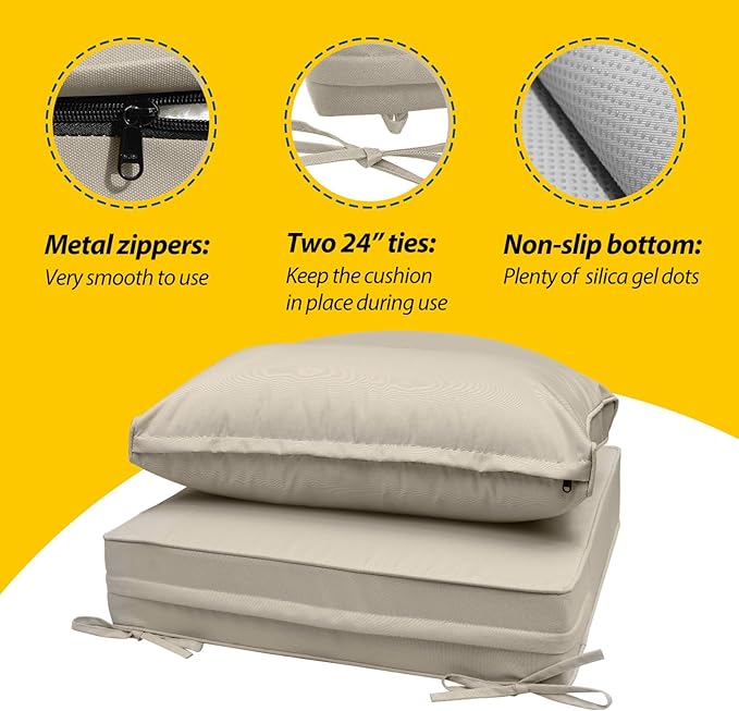 AAAAAcessories Outdoor Seat Cushions for Chairs, Fade-Resistant, Waterproof Patio Furniture Replacement Cushions, 23" x 23" x 5" + 23" x 13.5", Set of 4, Beige