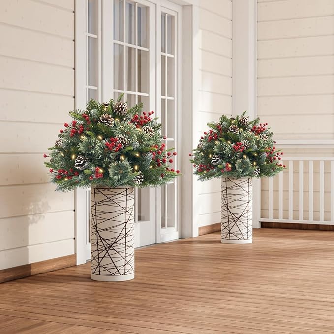 2 Pack Lighted Artificial Christmas Urn Filler,Pre-Lit 50 LED Outdoor/Indoor Trees with 8 Modes & Auto Timer,Battery Operated Christmas Trees Porch Decorations for Home, Porch & Yard (18 Inches)