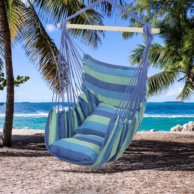 ONCLOUD Hammock Chair Hanging Rope Swing, Load Capacity Up to 550 LBS Macrame Hammock Swing Seat with Two Cushions, Hammock Seats with Portable Steel Spreader Bar for Indoor/Outdoor, Blue Green Stripe
