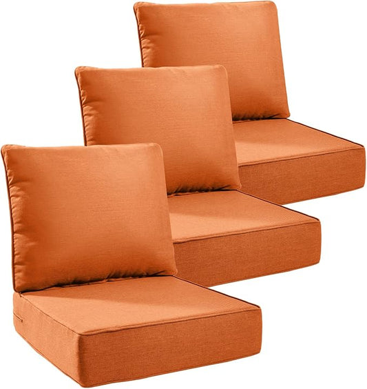 6" Thick Outdoor Cushions 24x24x6, 3-Set Deep Seat Patio Cushions with Removable Cover, Waterproof & Fade Resistant Replacement for Wicker Chair, Loveseat, Sofa - Orange